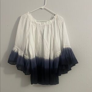 Premise White and Blue Ruffled 100% Cotton Blouse